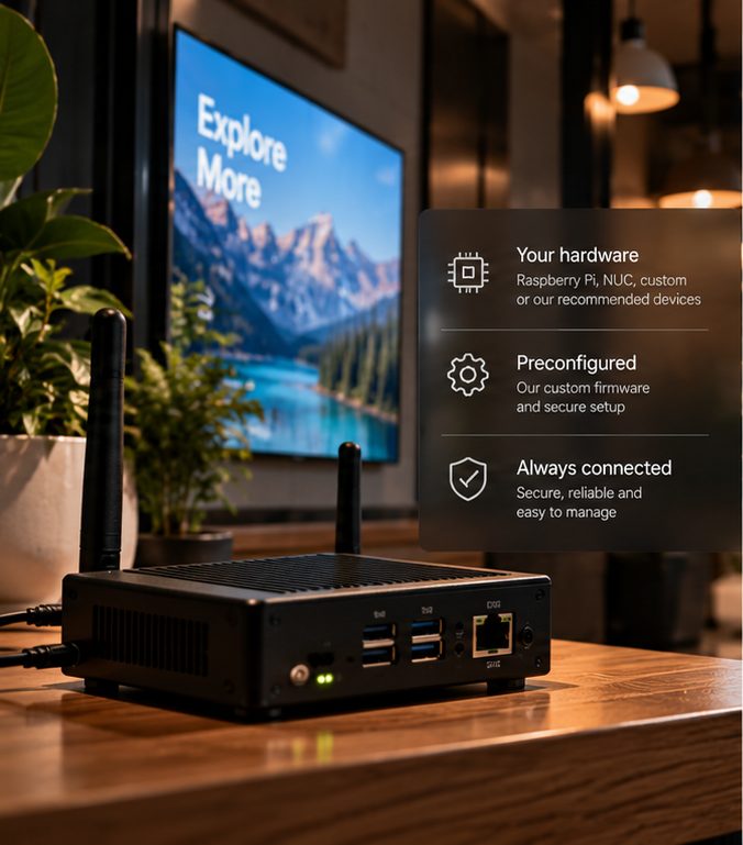 A small fanless player on a desk beside a screen, listing: your hardware, preconfigured, always connected