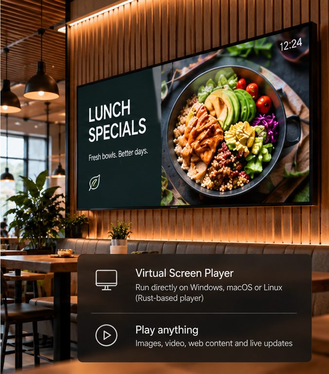 A café screen showing lunch specials, beside notes about the virtual screen player for Windows, macOS and Linux