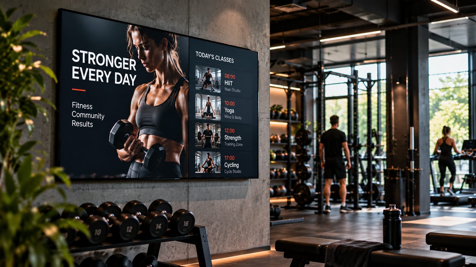 A gym with a wide wall screen showing a fitness campaign beside the day's class timetable — HIIT at 08:00, yoga at 10:00, strength at 12:00, cycling at 17:00