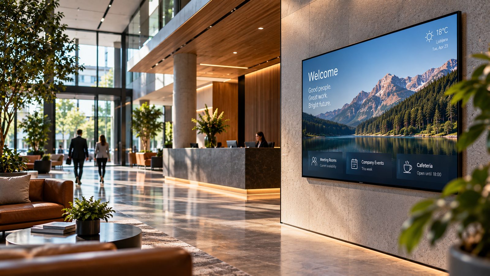A corporate lobby with a large wall-mounted screen welcoming visitors, showing the local weather and today's meeting rooms, events and cafeteria hours