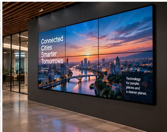 A multi-panel video wall in an office showing a city at dusk
