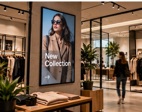 A tall screen in a clothing shop showing a new collection