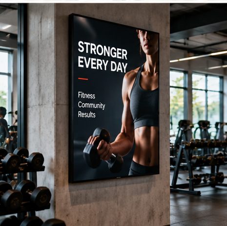 A portrait screen on a gym wall showing a fitness campaign