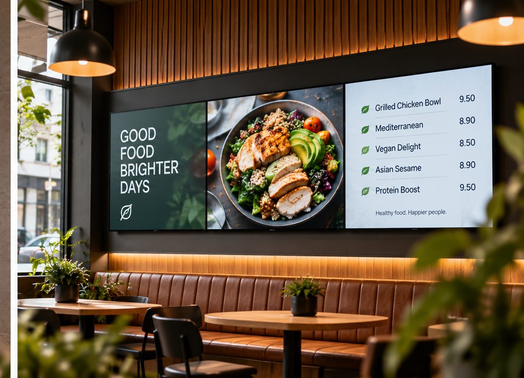 Three screens above a café counter showing a menu board with prices