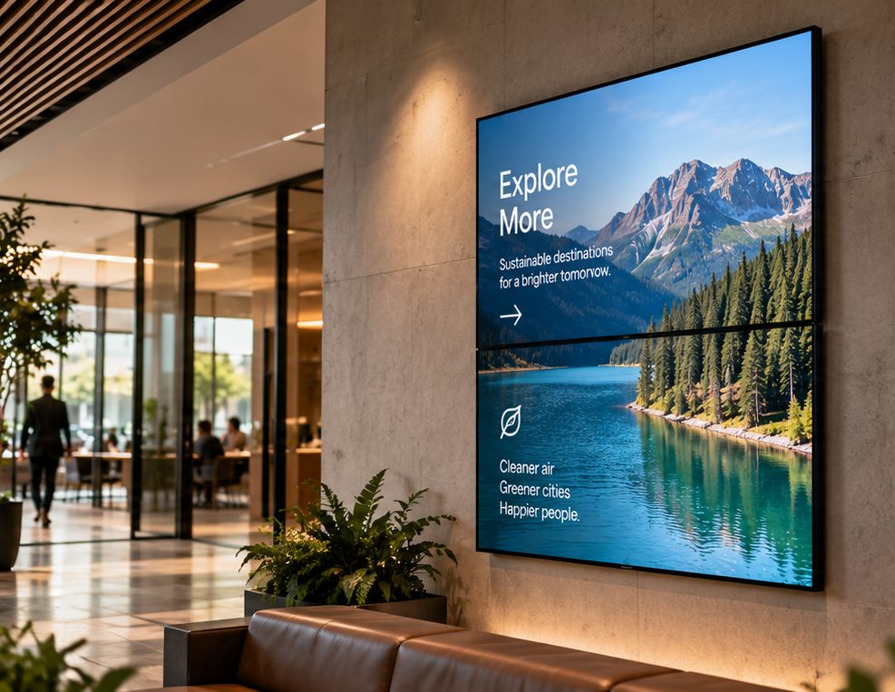 Two stacked screens driven as one surface in a reception area