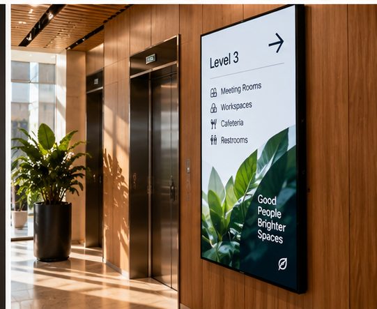 A meeting-room door screen showing the room status and the next booking